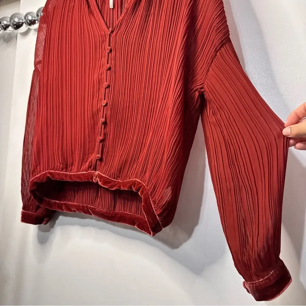 Free People Sheer Peasant Blouse Velvet Brick Red Orange